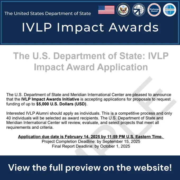 Decorative image featuring screenshot of the application preview for the 2025 IVLP Impact Awards grant application.