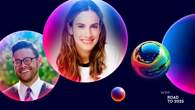 Five circular images aligned horizontally against a blue background. From left to right: a portrait of a Josh Loebner wearing glasses and a suit, a portrait of Christina Mallon with shoulder-length hair, and three more circular orbs in bright colors. Text reads "WPP Road to 2025.”