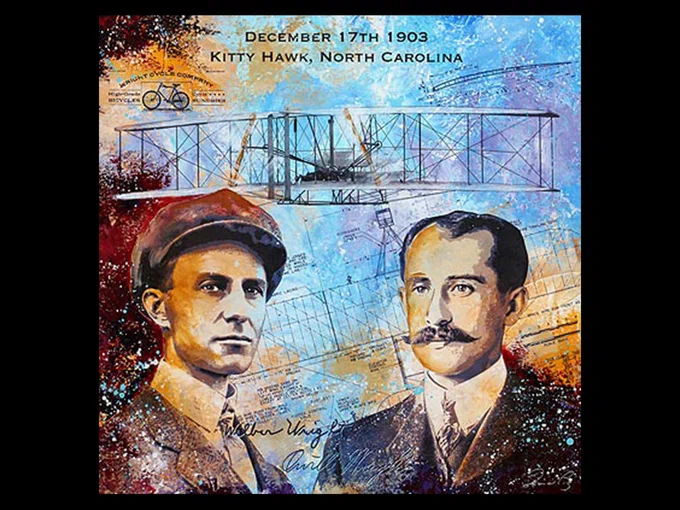 Colorful, vintage photograph of Orville and Wilbur Wright with the design of their plane in the background and the words December 17th, 1903, and Kitty Hawk, North Carolina. 