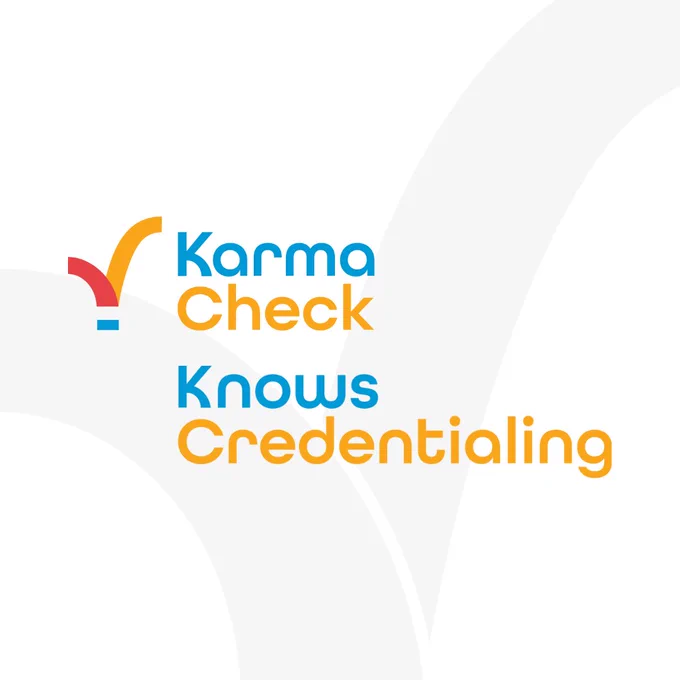 KarmaCheck logo with the words 'Karma Check Knows Credentialing' in bold blue and orange font. The logo includes a stylized checkmark icon with red, orange, and blue elements on a white background.