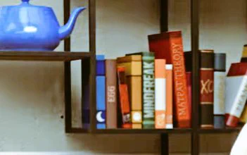 Caine's bookcase with books titled "Egg," "Mindfreak," and "MatPat Theory" on it