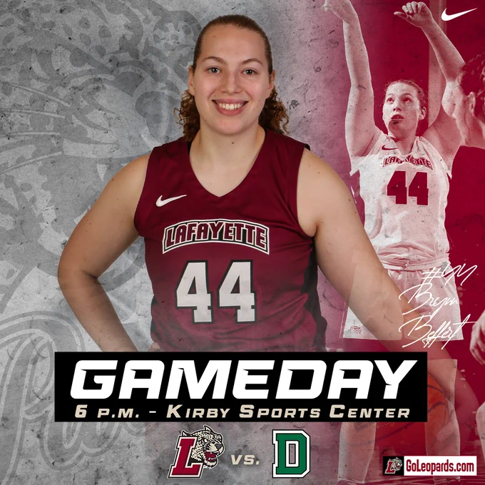 A graphic highlighting Lafayette women's basketball game today versus Dartmouth, highlighted by #44 Brynn Beffert. 