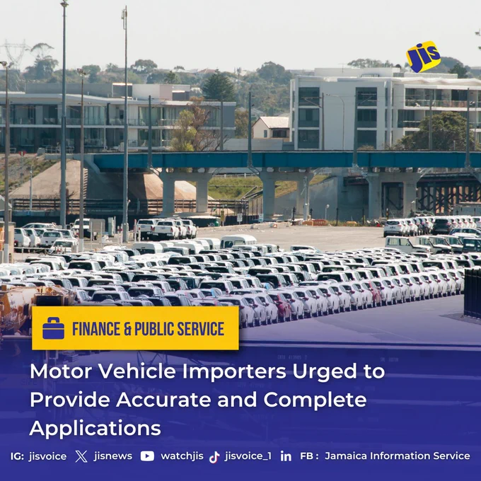Motor vehicle importers are being urged to ensure that applications for motor vehicle import permits submitted through the Jamaica Single Window for Trade (JSWIFT) platform are complete and accurate.

JSWIFT, managed by the Jamaica Customs Agency (JCA), is a fully digital platform designed to simplify and expedite the import permit process.

By providing 24-hour access and integration with critical government systems such as the Companies Office of Jamaica (COJ), the platform verifies business registrations and facilitates seamless processing.

Training and Implementation Support Specialist at the JCA, Nickeisha Drummond, highlighted the importance of submitting accurate and complete applications to prevent delays, while addressing the Trade Board Limited’s (TBL) recent ‘Best Practices for Motor Vehicle Importation’ webinar.

Visit https://jis.gov.jm/motor-vehicle-importers-urged-to-provide-accurate-and-complete-applications/ for more info. 