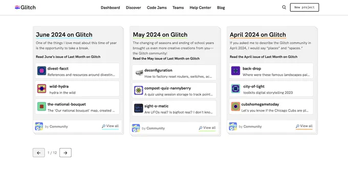 A screenshot of the bottom of the community page on Glitch, which shows playlists from June, May, and April 2024.