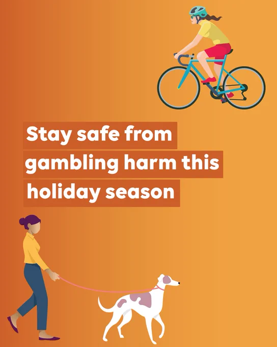 An image promoting awareness about staying safe from gambling harm this holiday season with cheerful holiday elements.