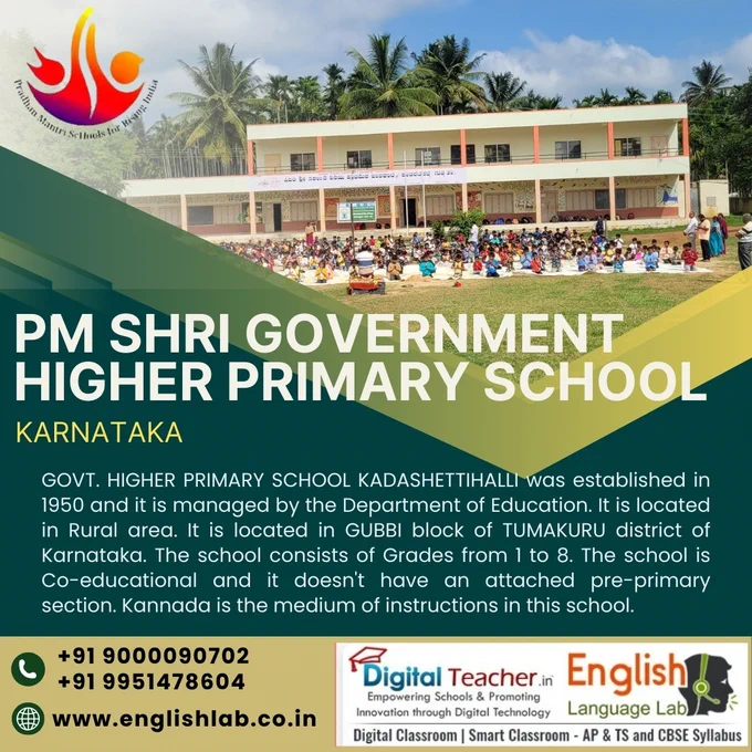 GOVT. HIGHER PRIMARY SCHOOL KADASHETTIHALLI was established in 1950 and it is managed by the Department of Education. It is located in Rural area. It is located in GUBBI block of TUMAKURU district of Karnataka. The school consists of Grades from 1 to 8. The school is Co-educational and it doesn't have an attached pre-primary section. Kannada is the medium of instructions in this school.