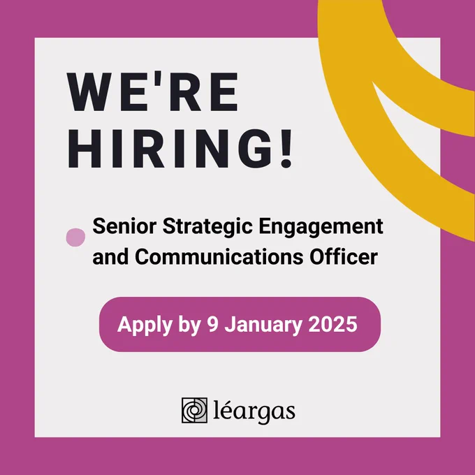 Graphic with text of we're hiring a senior strategic engagement and communications officer and to apply by five pm on 9 January 2025