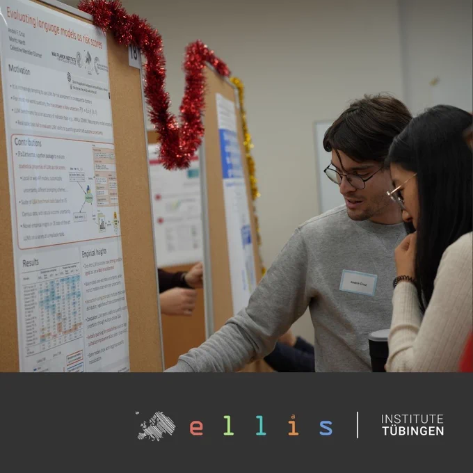 Three individuals discuss a poster titled "Evolving Language Models for Text Analysis" at the Ellis Institute Tübingen, adorned with festive tinsel.