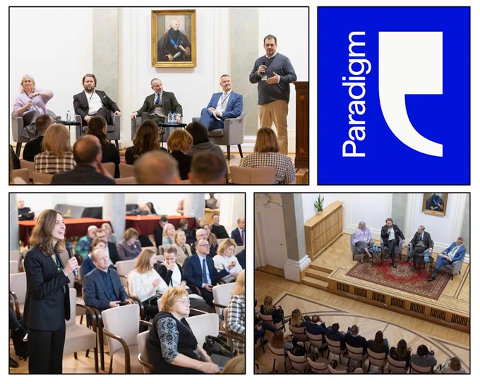 Photos from a Paradigm event featuring panel discussions, audience engagement, and the Paradigm logo, highlighting a professional academic gathering