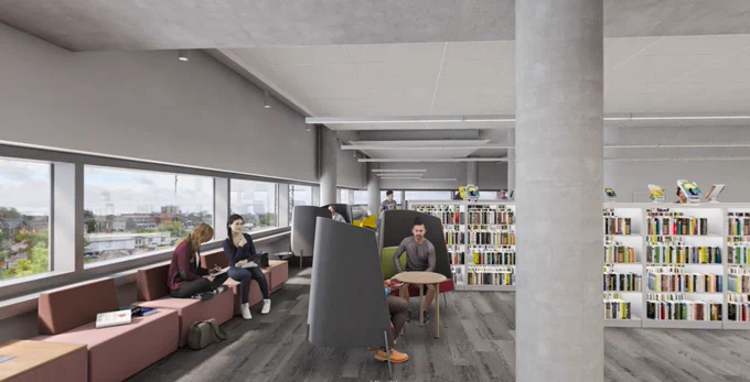 Digital rendering of people sitting on chairs reading books, with several bookcases in the background.