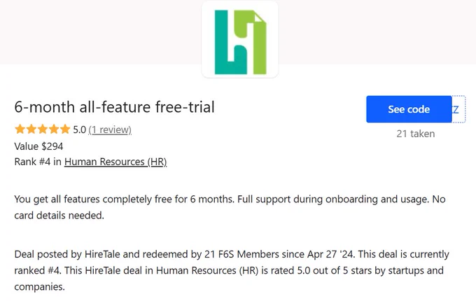 HireTale ATS is ranked 4 in HR category of F6S.
