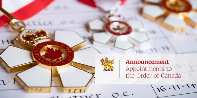 Two Order of Canada insignia are lying atop a sheet of paper. There is a grey box in the bottom right section of the image. Text inside the box reads, “Announcement, Appointments to the Order of Canada.” There is a viceregal lion to the left of the text.