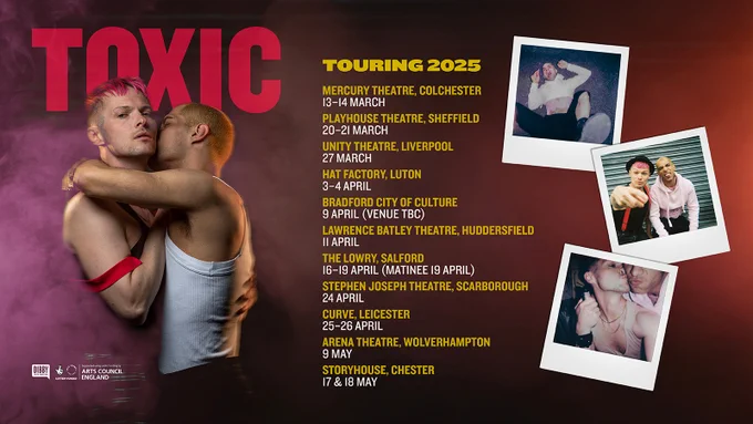 Promotional poster for "Toxic" tour 2025, showing tour dates and venues. Includes photos of two individuals embracing and several Polaroid-style images.