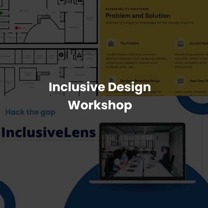 The image shows the title "Inclusive Design Workshop" and "InclusiveLens" on a poster or slide. The poster also includes information about addressing navigation challenges for the visually impaired, such as the problem they face and current assistive solutions. The image in the bottom right shows a group of people gathered around a table, likely participating in the workshop.