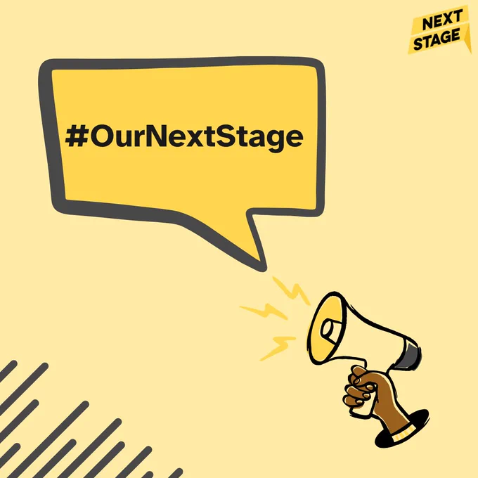 Illustration of a melanated person holding a speakerphone. The speech bubble reads #OurNextStage. The Next Stage logo sits top right