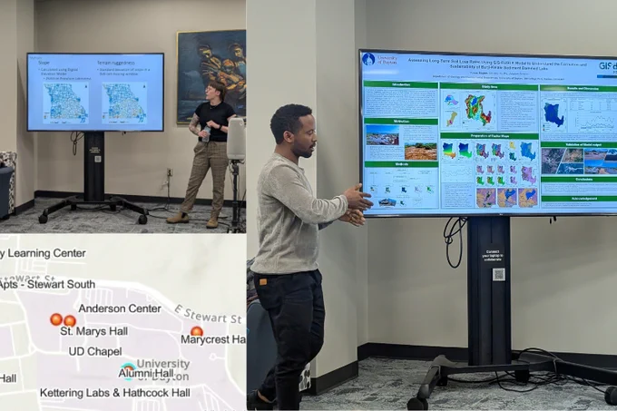 photos of people presenting digital posters and a screenshot of a map of ud's campus
