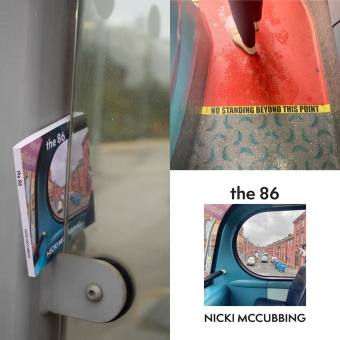 A collage of three images; 1: the 86 book held between a metal pole and glass pane, 2: a sign on the bus floor which reads ‘No standing beyond this point’ as someone stands in front of it, 3: the 86 book cover.