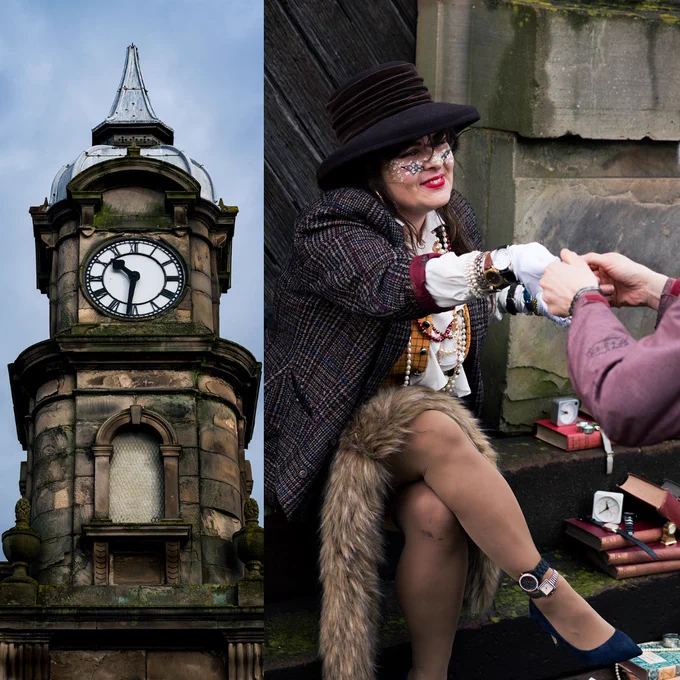 A collage of two images; 1: the Picton Clock Tower against a blue sky, 2: Izzie Major sat at the bottom of the clock wearing a lot of watches and jewellery and handing someone a small packet of seeds.
