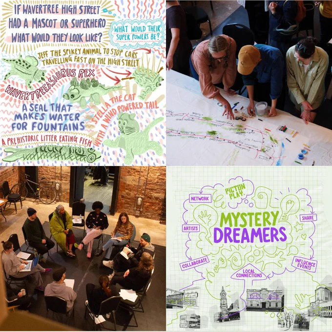 A collage of four images; 1: a digital illustration with thoughts about creating a mascot for Wavertree High Street with different fonts and green sketched mascots, 2: people brainstorming ideas together on a table, 3: the Mystery Dreamers gathered at Edge Hill Station, 4: the Mystery Dreamers digital graphic in green and purple.