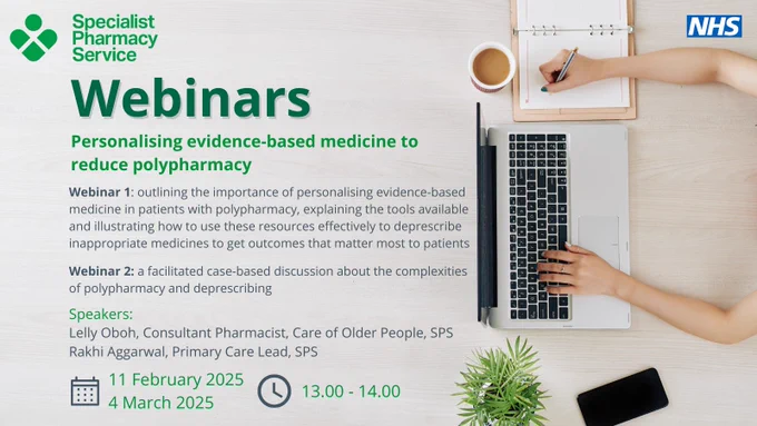 Webinar invitation: Personalising evidence based medicine to reduce polypharmacy. Two webinars. Image features a laptop, notepad, and a coffee cup. First webinar is on 11 February 20245 at 13.00, second webinar is on 4 March at 13.00