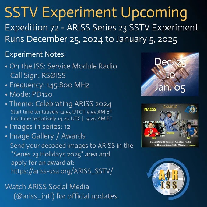 SSTV event is scheduled from December 25, 2024, to January 5, 2025. It will use the Service Module Radio, a call sign of RSØISS, a frequency of 145.800 MHz, and PD120 mode. The theme is ARISS 2024, with a start time of 14:55 UTC and an end time of 14:20 UTC. Send decoded images to ARISS for awards.