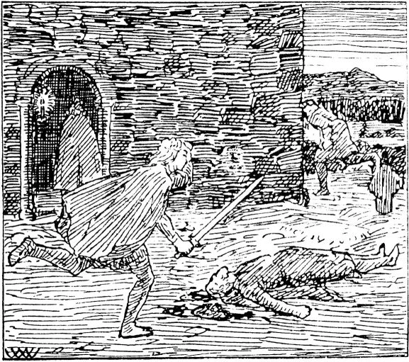 Black and white woodcut print showing a man running with sword outstretched on front of a stone building. A body lies on the ground.
Wilhelm Wetlesen's illustration for Haraldsønnenes saga (Inges saga), Heimskringla 1899-edition (public Domain). https://commons.wikimedia.org/wiki/File:Haraldsonnenes_saga-Alv_Rode-W._Wetlesen.jpg