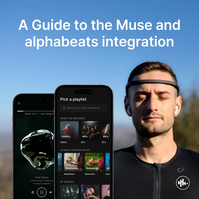 The image depicts a young man in sportswear standing outdoors with a clear sky and mountainous landscape in the background. He is wearing an EEG headband and wireless earphones, likely engaging in a meditation or mental training exercise. His expression appears calm and focused, emphasizing a moment of tranquility or concentration. The image conveys a sense of wellness and the use of technology in enhancing mental or physical performance.