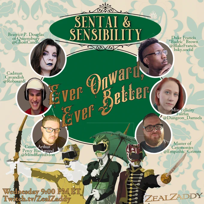 At 9:00 PM ET Tonight join us for “Sentai & Sensibility” by 9th Level Games! Regency roleplaying with courtly drama, romance & Kaiju! Twitch.tv/zealzaddy