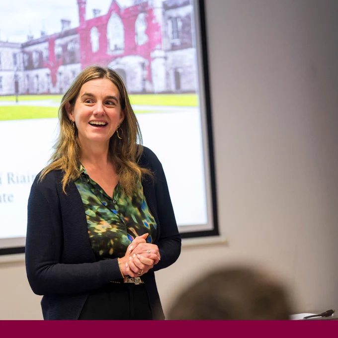 Pictured is Prof. Rebecca Braun, Executive Dean, College of Arts, Social Sciences and Celtic Studies (CASSCS) speaking at the CASSCS Research event on 12th December 2024