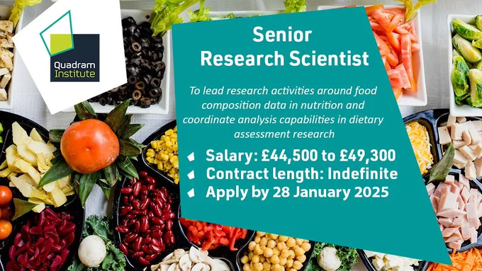 A photo of foods including fruit, veg and meat with the text "Senior Research Scientist, to lead research activities around food composition data in nutrition and coordinate analysis capabilities in dietary assessment research. Salary: £44,500 to £49,300, Contract length: Indefinite, Apply by 28 January 2025"