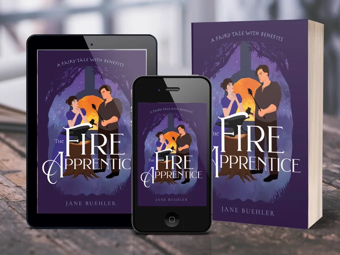 the book The Fire Apprentice on a tablet, paperback, and phone, showing a woman leaning on an anvil and a man holding a hammer and iron rod, in front of a hearth fire