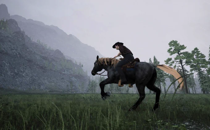 A screenshot from Ranch Simulator showing a rancher on horseback in a valley. A mountain can be seen in the background, covered in a layer of fog.