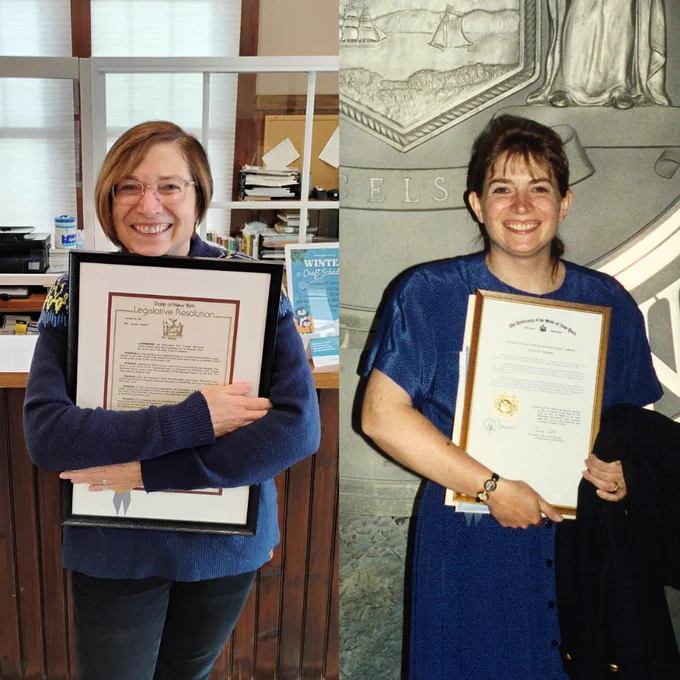 MBLC Director Maureen Amyot hugging the library's framed Absolute Charter on her recent trip to Cooper Memorial Library, and hugging the Absolute Charter in 1995 at the NY State Capitol.