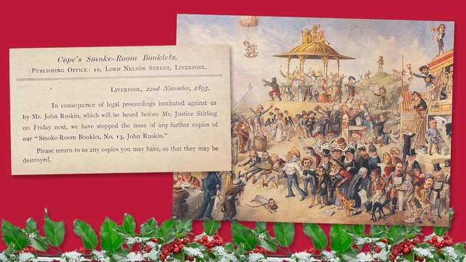 A 19th century illustration along with a recall notice for Smoke Room booklets. These pieces sit atop a red holiday themed background with holly branches.
