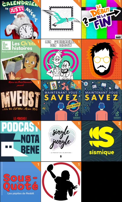 Capture d'écran de l'application Podcast addict
Le calendrier de juste avant 
Le courrier de la Sterne 
Le début de la fin
Les Ch'tites histoires 
Les podcasts de Dany
Linguisticae
Ma vie est une série TV
Maintenant vous savez 
Nota bene 
Single jungle 
Sismique 
Sous quoté
TD Actu 
