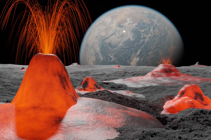 Landscape on the Moon with active volcanos and lava, with few of Earth