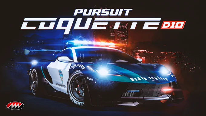 A black and white three-door Invetero Coquette D10 Pursuit police car.