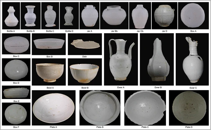 White porcelain objects including bottles, plates and ewers.