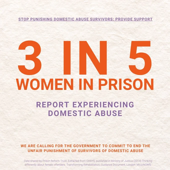 Text reads: stop punishing domestic abuse survivors: Provide support. 3 in 5 Women in Prison report experiencing domestic abuse. we are calling for the government to commit to end the unfair punishment of survivors of domestic abuse.  Data shared by Prison Reform Trust, Extracted from OASYS, published in Ministry of Justice (2014) Thinking differently about female offenders. Transforming Rehabilitation, Guidance Document, London: MoJ/NOMS