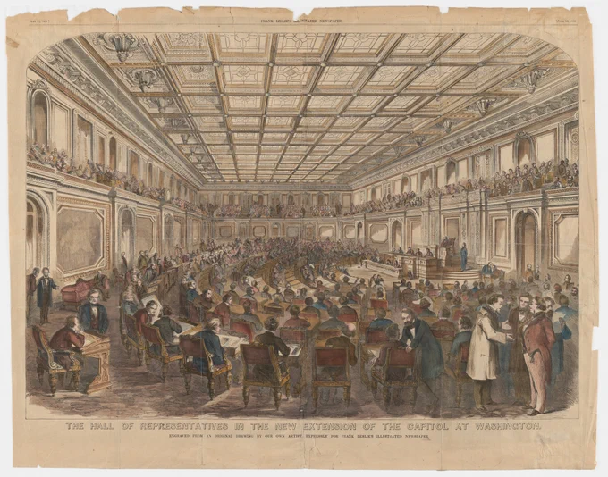 Print of the inside of the crowded House Chamber in 1857