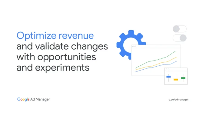 Text on the left says optimize revenue and validate changes with opportunities and experiments. Illustration on the right shows charts, a gear, and opt-in buttons. 