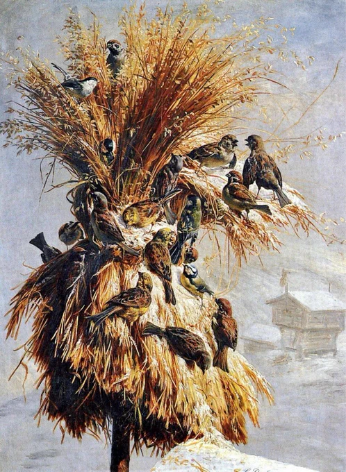 Oil on canvas painting of a sheaf of oats, bundled together and mounted on a pole. The sheaf is covered with small, European birds, such as sparrows, and finches, enjoying the seed. Behind is a snowy landscape with a farm building just visible in the background on the right hand side. The painting is by the artist Johann Siegwald Dahl.