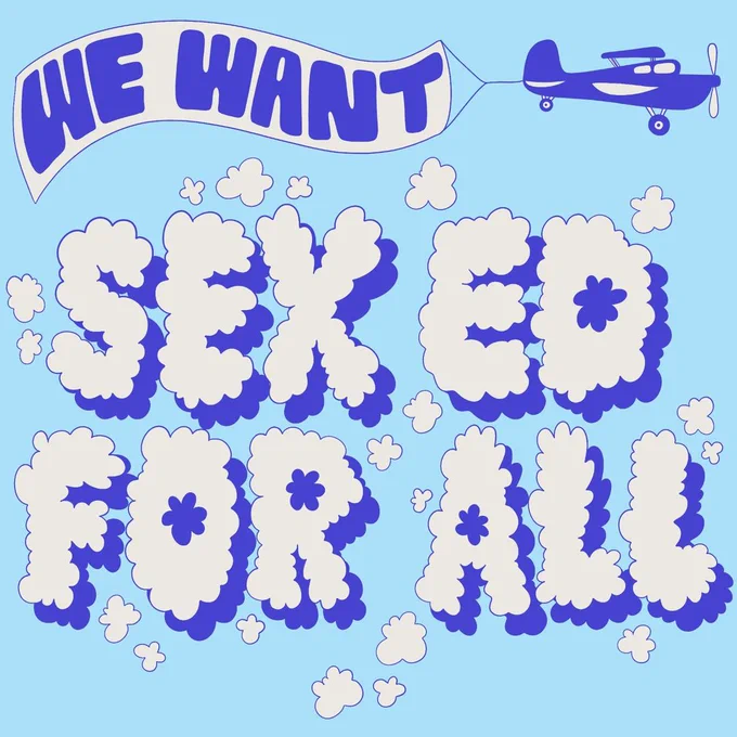 [image description: light blue background with an illustration of a blue plane flying with a banner behind it that says, "WE WANT" followed by "SEX ED FOR ALL" written in the clouds.]