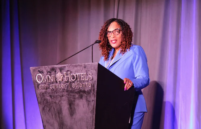 Debbie Powell addressing the audience at the National Grantee Training.
Debbie Powell is the Deputy Associate Commissioner, Administration for Children, Youth and Families, Family and Youth Services Bureau.