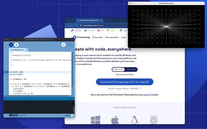 Screenshot of a browser window with the Processing Download page, the Processing editor with the Embedding Iteration example open, and a running sketch of converging white lines on a black background.