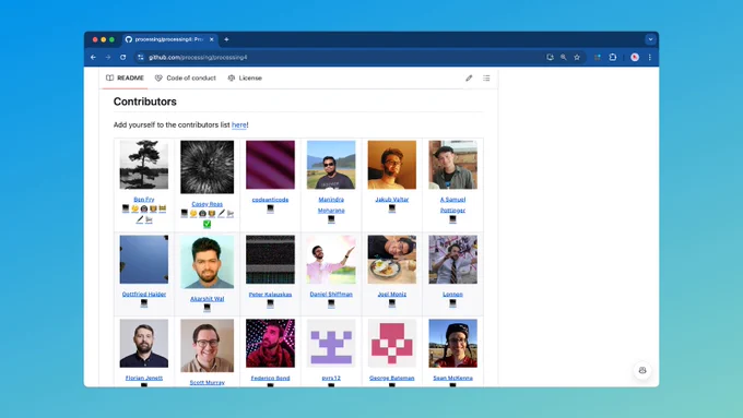 Screenshot of github contributors for Processing