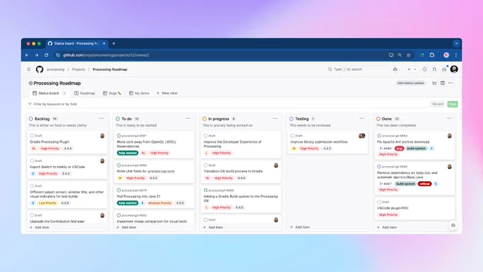 Screenshot of a browser window showing the Processing Roadmap. With columns for Backlog, To do, In progress, Testing, and Done. Tasks are labelled with various priority levels target version, and other metadata.