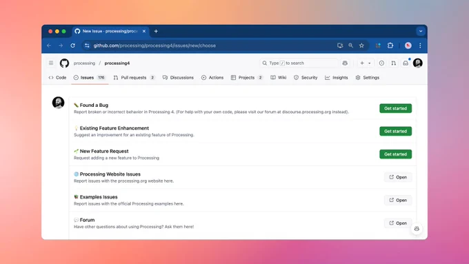 Screenshot of a browser window showing the Processing/Processing4 repository's issue templates, including Found a Bug, Existing Feature Enhancement, and New Feature Requests.