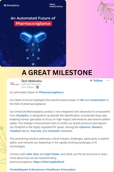 💊 Pioneering the Future of Pharmacovigilance!

We’re excited to unveil our latest milestone – a groundbreaking leap in automated #Pharmacovigilance. Powered by AI and advanced analytics from 3Analytics, we’re enabling faster, smarter, and safer drug monitoring.

This innovation is set to transform patient safety across #Pharma, #Biotech, #MedicalDevices, #Vaccines, and #Cosmetics, addressing critical challenges in this highly regulated industry.

Join us as we continue to scale at speed and revolutionize the healthcare ecosystem. 🚀
#Innovation #Lifesciences #Healthcare #AI #Automation #pharmacovigilance