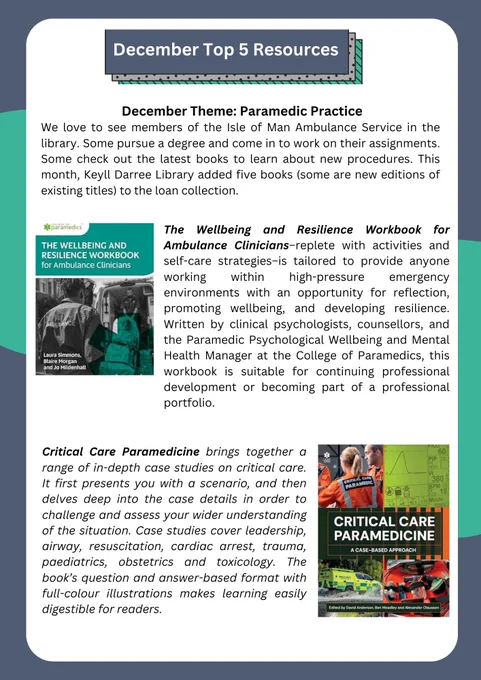 Manx Care's Keyll Darree Library December Top 5 Resources featuring books on paramedic practice. The only health and social care library in the Isle of Man.